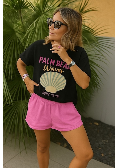Palm Beach Waves Baskılı Unisex Tshırt SIYAH