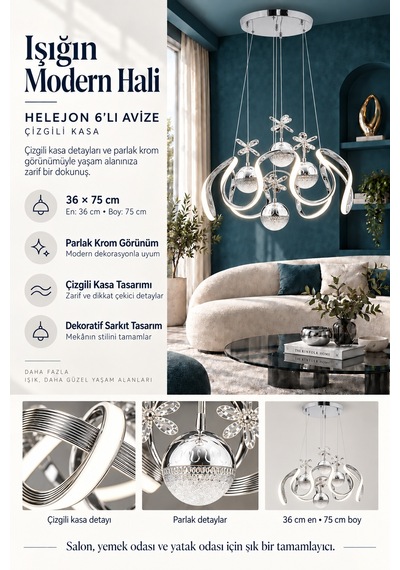 Helejon 6lı Büyük Modern Ledli Avize Çizgili 3 Renk Power Ledli Krom Kaplama Yatak Odası Salon Mutfak