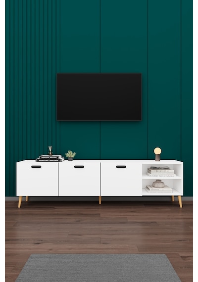 Asra Trend Tv Ünitesi T-18 %100 MDF 200 cm Büyük Boy Tv Sehpası Dolaplı Raflı Beyaz