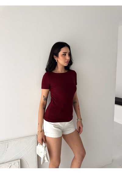 Elaxi Kadın Kısa Kollu Kayık Yaka Buzy Kumaş Tişört Bordo