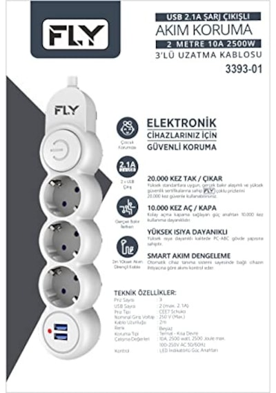 Fly 3393 Termal Akım Korumalı Çocuk Korumalı 2 X Usb 2mt Uzatma Kablosu 3'lü Priz Beyaz 0