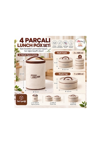 Paslanmaz Çelik Taşınabilir Lunch Box Vakumlu Yemek Kabı Seti, Çatal-kaşık Bölmeli Isı Yalıtımlı Taşıma Çantalı Sefertası Seti Bej
