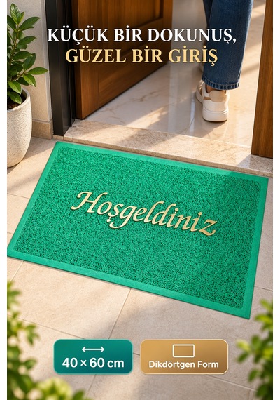 Yeşil 40x60 Cm Hoşgeldiniz Yazılı Kapı Önü Paspası Kıvırcık Dokulu Altın Yazılı Dekoratif Ev Paspası