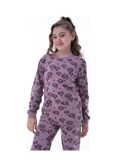 Kız Çocuk Çiçek Desenli Pamuklu Pijama Takımı 8-13 Yaş Rahat Uyku Takımı Mor