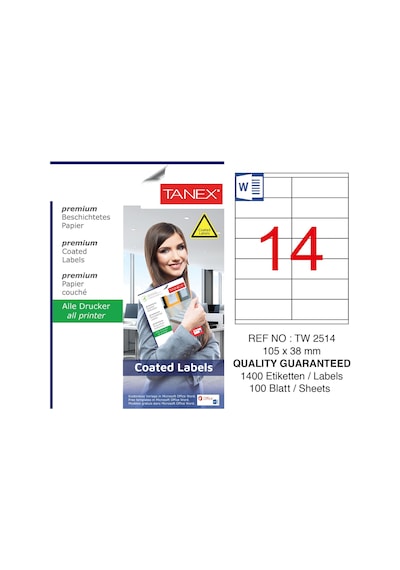 Tanex TW-2514 105x38mm Kuşe Lazer Etiket 100 Lü Paket
