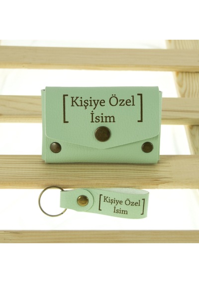 Miaju Açık Yeşil Renk İsme Özel Yüksek Kalite Bozuk Para Cüzdanı Ve Anahtarlık Seti, Kişisel Aksesuar Açık Yeşil
