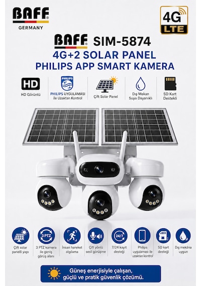 SIM-5874 Çift Solar Panelli 4G SIM Kartlı 3 Lensli PTZ Akıllı Dış Mekan Güvenlik Kamerası HD Suya Dayanıklı IP Kamera