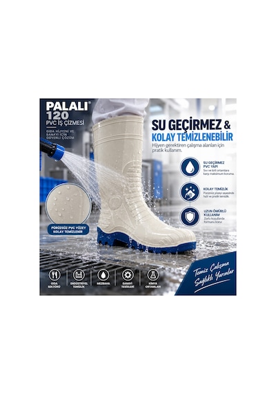 120 Beyaz Pvc Su Geçirmez İş Çizmesi Asit Baz Dirençli Kaymaz Tabanlı Gıda Hijyen Sanayi Çizmesi Palalı 120 Beyaz
