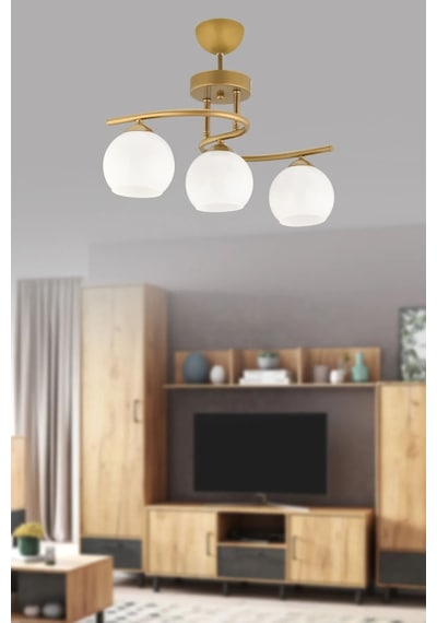 Ömür Avize Hestia Modern 3lü Eskitme Gold Beyaz Camlı Avize Eskitme Gold