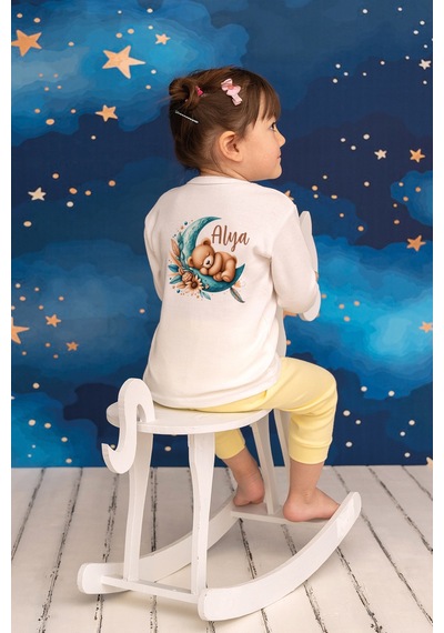 Pia Baby İsme Özel Kız Çocuk Pijama Takımı %100 Pamuk Penye İsim Baskılı Kişiye Özel Çocuk Pijaması 10121p14pi Krem