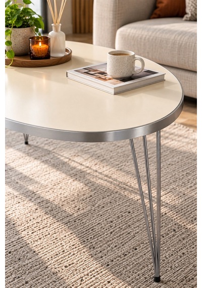 Sulorahome Gümüş Tel Ayaklı Oval Orta Sehpa Krem Bej