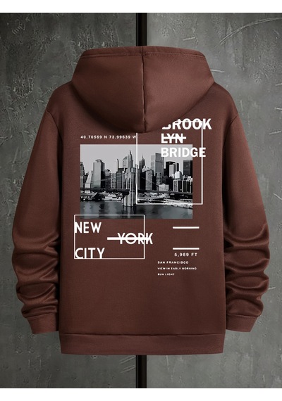 Uyguntarz Unisex Brooklyn Bridge Baskılı Oversize Sweatshirt Kahverengi