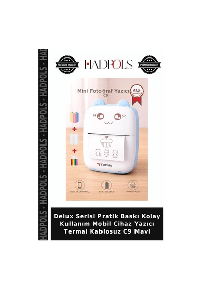 Delux Serisi Pratik Baskı Kolay Kullanım Mobil Cihaz Yazıcı Termal Kablosuz C9 Mavi