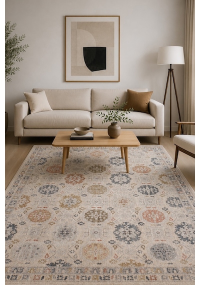 Krem Vintage Çiçek Motifli Makine Halısı - Salon Ve Oturma Odası Halısı Bej