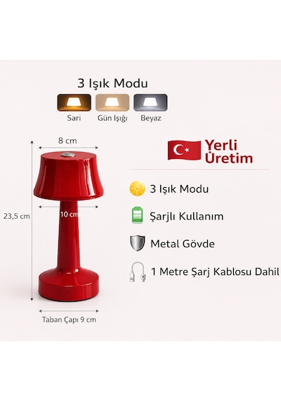 Zenlight Metal Dokunmatik Şarjlı Masa Lambası 320-1 Kırmızı