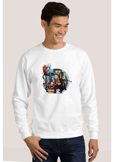 Rick Carton Baskılı Beyaz Erkek Örme Sweatshirt