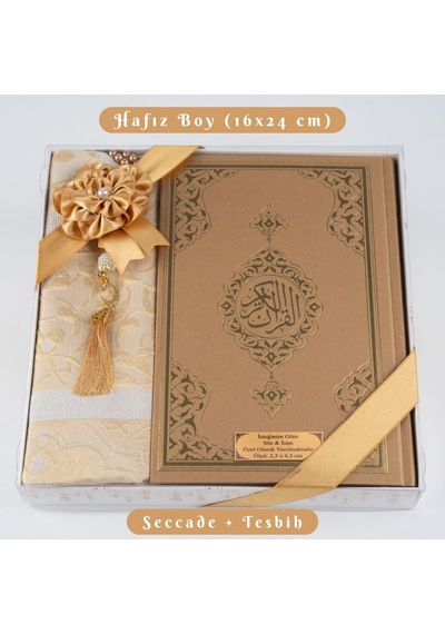 Kuran + Seccade + Tesbih Hediye Seti Hafız Boy, Ekonomik Cilt, Desenli Kutu, Gold