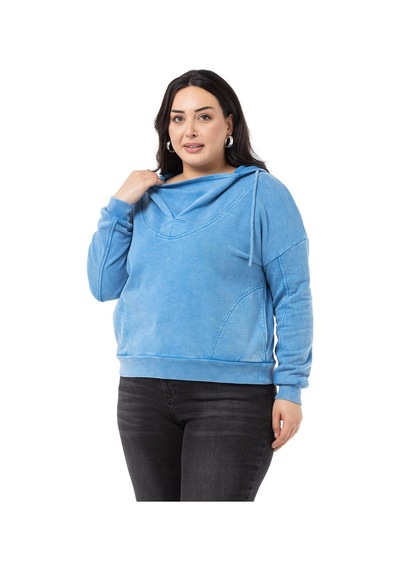 Büyük Beden Degaje Kapüşonlu Yaka Cepli Parça Boyalı Üç İplik Mavi Sweatshirt-mavi Mavi