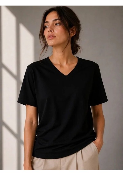 Valensdesign V Yaka Basic Tişört Kısa Kol Yazlık Regular Fit T-shirt - Siyah