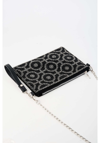 Vivaq Kadın Halka Altın Taşlı Süet Bilek Askılı Ve Zincir Askılı Portföy El Ve Clutch Çanta SİYAH