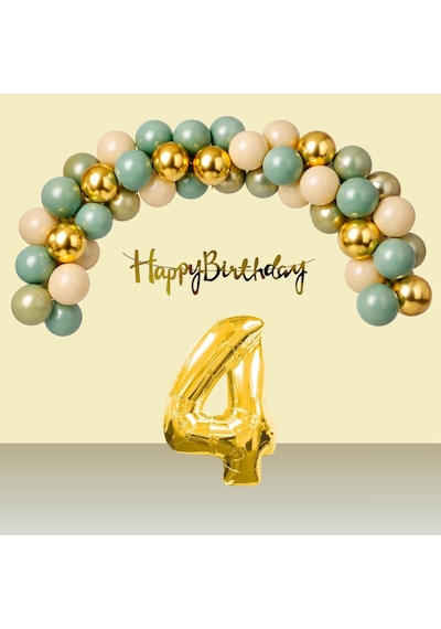 4 Yaş Retro Gold Kromgold Küfyeşili Kumbeji Balon Happy Birthday Banner Gold Rakam Doğum Günü Süsü Çok Renkli