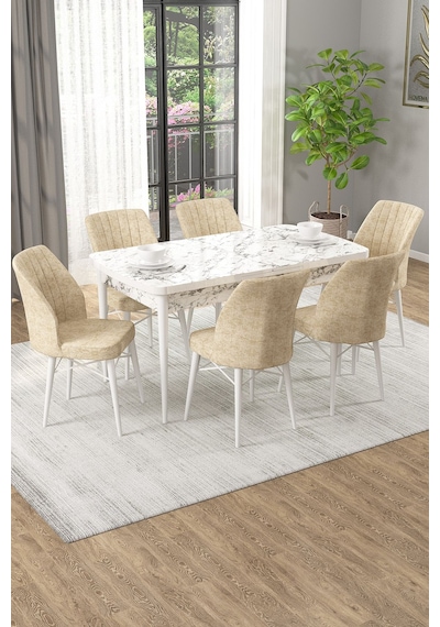 Arel Beyaz Mermer 80x132 Açılabilir Mdf Masa Yemek Odası Takımı, Mutfak Takımı 6 Adet Sandalye Beyaz Mermer - 6 Krem - Beyaz Ayak Arel Beyaz Mermer 80x132 Açılabilir Mdf Masa Yemek Odası Takımı, Mutfak Takımı 6 Adet Sandalye Beyaz Mermer - 6 Krem - Beyaz Ayak