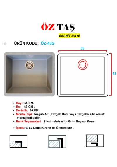 Öztaş ÖZ-43g Granit Mutfak Eviye Gri Tek Gözlü 43 x 55 CM