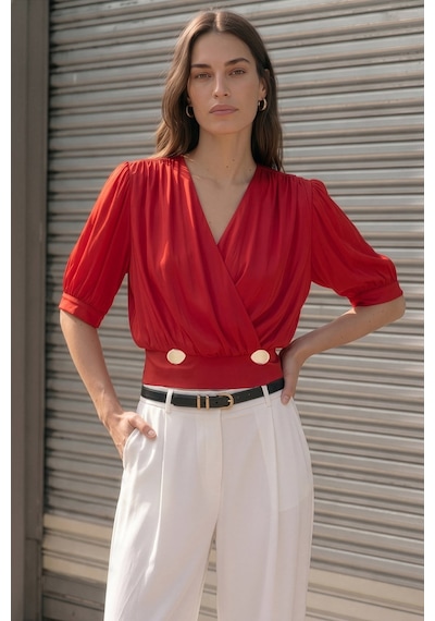 Sateen Kısa Kollu Saten Bluz - Kırmızı-137442