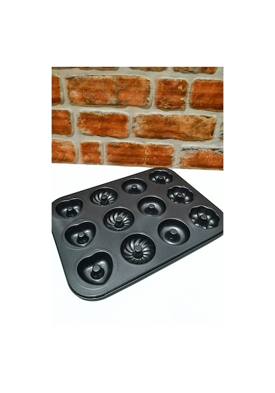 Yanmaz Yapışmaz Borulu 12 Li Desenli Teflon Muffin Kek Kalıbı Siyah