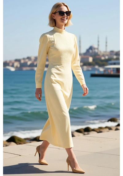 Benerly Kadın Maxi Boy Dik Yaka Büzgülü Kol Terrycotton Dokuma Astarsız S Açık Sarı