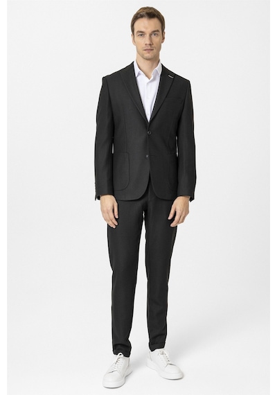 Süvari Siyah Slim Fit Desenli Sivri Yaka 6 Drop Spor Takım Elbise