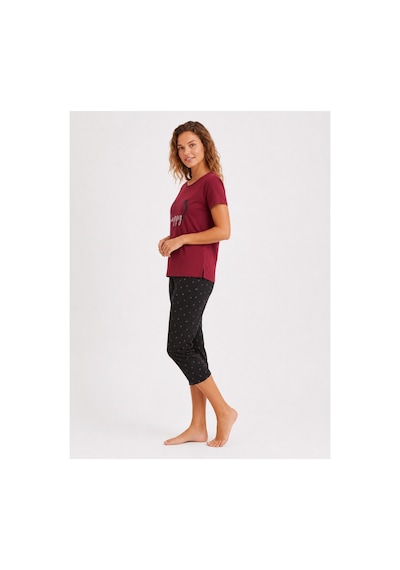 Pijamask Kadın Bordo Baskılı Kısa Kollu Kapri Pijama Takımı Rahat Kalıp Ev Giyim P14-78 Kırmızı