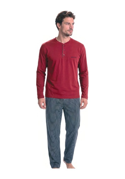 Pierre Cardin 6146 Erkek Uzun Kollu Yakası Düğmeli Pijama Takımı-bordo