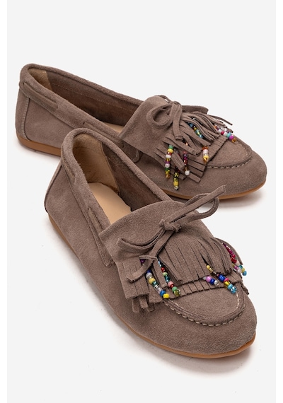 Luvishoes Evelyn Vizon Süet Hakiki Deri Püsküllü Boncuklu Kadın Loafer Ayakkabı