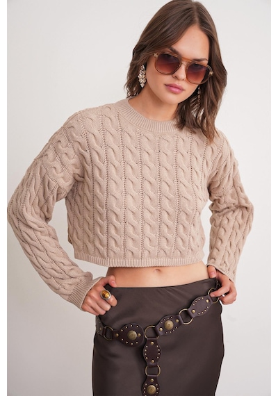Mixray 6863 Kadın Saç Örgülü Crop Triko Kazak Vizon