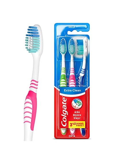 Colgate Extra Clean Dil Temizleyicili Arka Dişlere Uzanan Orta Diş Fırçası 3'lü Ekonomik Paket