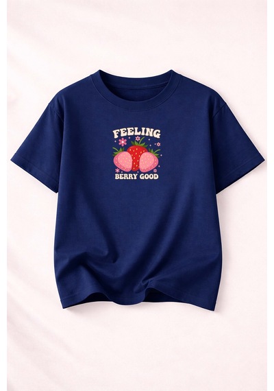 Herkesemoda Feelıng Baskı Detaylı Kadın Bisiklet Yaka Pamuklu T-shirt Lacivert