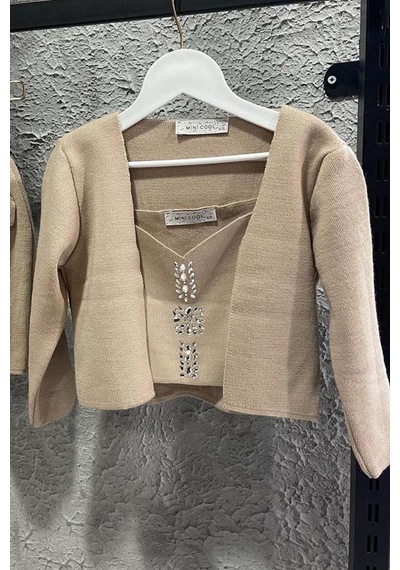 Riccotarz Kız Çocuk Askılı Bluz Hırka Ve Elmas Taş İşlemeli Cepli Bej Triko Etekli Takım Bej Riccotarz Kız Çocuk Askılı Bluz Hırka Ve Elmas Taş İşlemeli Cepli Bej Triko Etekli Takım Bej
