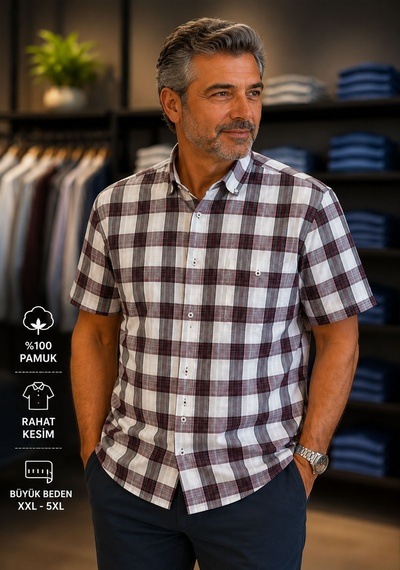 Beyome Erkek Kısa Kol Kareli Gömlek Büyük Beden Xxl-4xl %100 Pamuk Nefes Alır Yazlık Mor