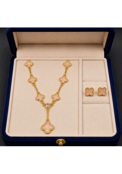Yonca Detaylı Mineli Gold Pembe Renk 2'li Kolye Küpe Seti