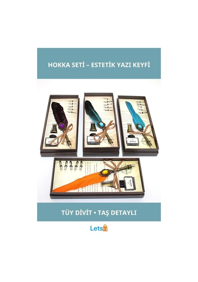 Renkli Taşlı Tüy Divit Hokka Nostaljik Yazı Seti Çok Renkli