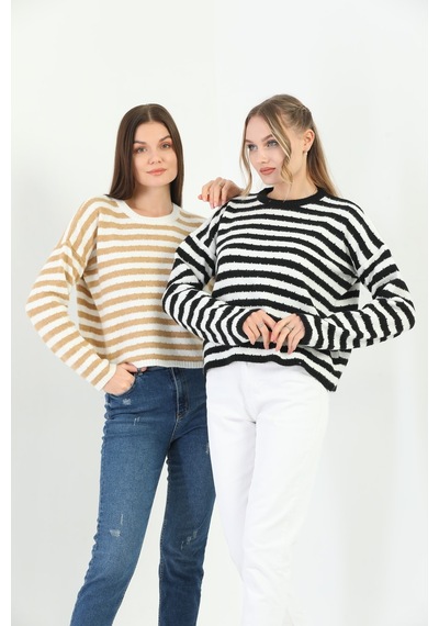 Youknitwear You Angora Çizgili Kazak Lacivert