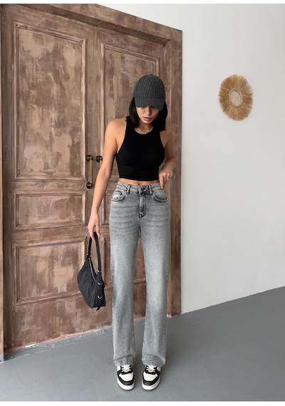 Kadın Straight Likralı Yüksek Bel Boru Paça Kot Pantolon Orta Füme Gri+ortafüme