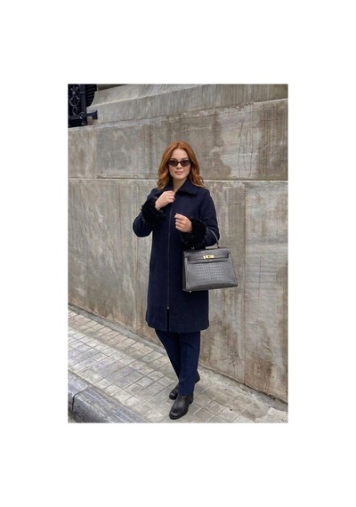 Onno Style Women Kol Ağzı Kürklü Çelik Örgü Triko Kadın Kaban Lacivert
