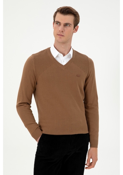 U.S. Polo Assn. Erkek Slim Fit V Yaka Haki Melanj Kazak 50297063-VR125