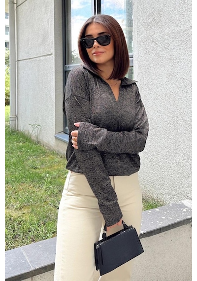 WeShaya Kadın Antrasit Polo Yaka Basic Bluz, Uzun Kol, Regular Kesim, Günlük Ve Spor Sweatshirt Antrasit