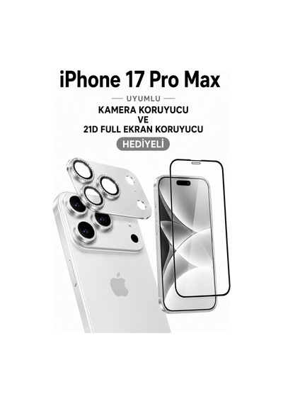 iPhone Uyumlu 17 Pro Max Taşli Kamera Koruyucu+ Ekran Koruyucu Set Beyaz