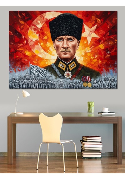 Türk Bayrağı Ve Kalpak Başlıklı Mareşal Mustafa Kemal Atatürk Dekoratif Kanvas - Mdf Ahşap Tablo