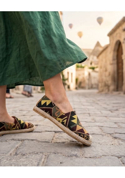 Futsishoes Vıola Siyah Hakiki Deri Kilim Desenli Kadın Etnik Desen Espadril Ayakkabı