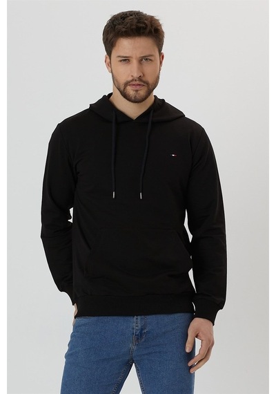 Mmetalic Erkek Siyah Kapüşonlu Nakış Detaylı Sweatshirt